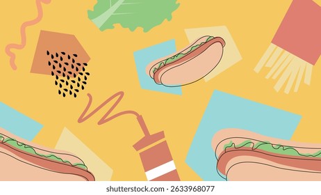 Colorful hot dogs, buns, soda, and tomato slices on green. Ideal for fast food packaging, restaurant flyers, and playful snack visuals.