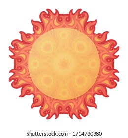 Colorful hot illustration with red beautiful stylized sun and copy space isolated on the white background
