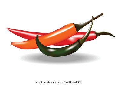 Colorful hot spicy chilli isolated on white background, Yellow, red and green chilly set, Vector illustration.