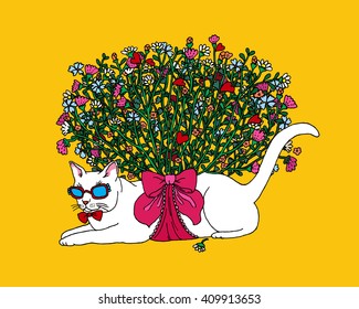 Colorful Hot Summer Cat with Bouquet Flowers.Hand Drawn Vector.