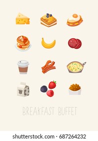 Colorful hotel breakfast menu brochure title page. Products and dishes for having a simple  quick breakfast. Vector illustration