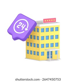 Colorful hotel building with blue windows, red five-star sign and purple 24 button representing 24-hour accommodation and booking service. 3d icon realistic vector illustration