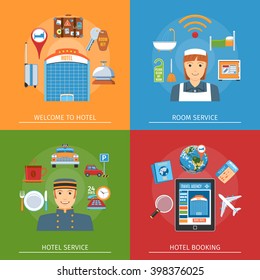 Colorful Hotel Flat Concepts Set. Vector Illustration
