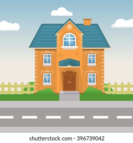Colorful house. Along the road home. Vector illustration. Vector illustration in flat style.