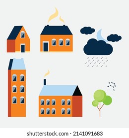 Colorful house and building illustration for children book or poster. A simple flat vector design.