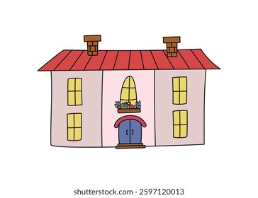 Colorful house. Cartoon building. Architecture, construction. Drawing, doodle. Villa, cottage. Illustration vector, background isolated.