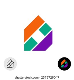 Colorful house design logo concept. House apartment shape symbol with vivid color diagonal painting stripes and window at the center. Real estate company sign. Can be used as a letter P symbol.