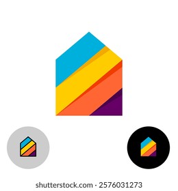 Colorful house design logo concept. House apartment shape symbol with vivid color diagonal painting stripes. Real estate company sign. White, black and gray backgrounds. Outline style version.