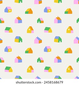 Colorful house doodle icon seamless pattern. Hand drawn pastel color home background with urban city, town building backdrop. Children toy town, architecture concept wallpaper print. 