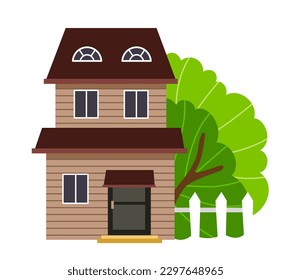 Colorful house facade. Colorful icon with city home or village neighborhood building with backyard. Urban residence and modern cityscape. Cartoon flat vector illustration isolated on white background