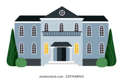 Colorful house facade. Sticker with big house or residence. Urban architecture or modern rustic neighborhood. Brick building with roof. Cartoon flat vector illustration isolated on white background