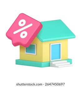 Colorful house with green roof and blue door topped with a pink percent sign, symbolizing mortgage, real estate, or home financing. 3d icon realistic vector illustration.