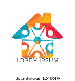 Colorful house icon with abstract happy human silhouette. Health center home care real estate apartments or hotel logo kindergarten or preschool design concept.
