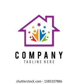 Colorful house icon with abstract happy human silhouette. Health center, home care, real estate, apartments or hotel logo, kindergarten or preschool design concept.