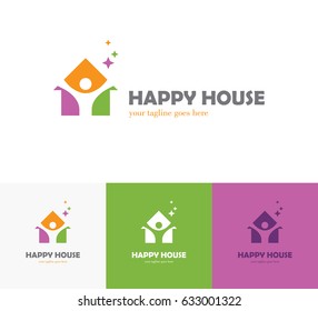 Colorful house icon with abstract happy human silhouette. Health center, home care, real estate, apartments or hotel logo, kindergarten or preschool design concept.