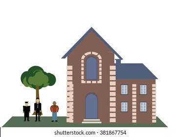 colorful house illustration with figurines, flat design house