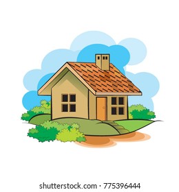 colorful house over blue sky with garden cartoon vector drawing