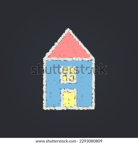 Colorful House in Pastel Chalk Drawing Doodle Style in Magnolia Blackboard Background.