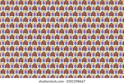 Colorful house or pavilion pattern and detail hid art design. cute, child, deco, art deco, detail, kid, batik, tradition, tribal, native, tree, plant, batik, color.