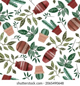 Colorful house plants urban jungle boho floral perfect for summer, wallpaper, background, fabric, invitation, home decor. Red, green, teal, terracotta seamless repeating pattern.