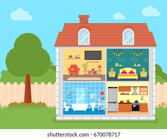 colorful house rooms on cut with backyard