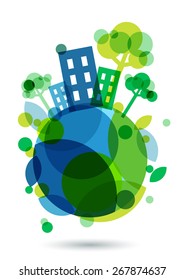 Colorful house silhouette and green trees on the Earth. Abstract vector illustration. Ecology background, concept for save earth day. 
