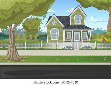 Colorful house in suburb neighborhood. Green park landscape with grass, trees, flowers and clouds.