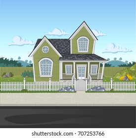 Colorful house in suburb neighborhood. Green park landscape with grass, trees, flowers and clouds.