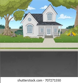 Colorful house in suburb neighborhood. Green park landscape with grass, trees, flowers and clouds.