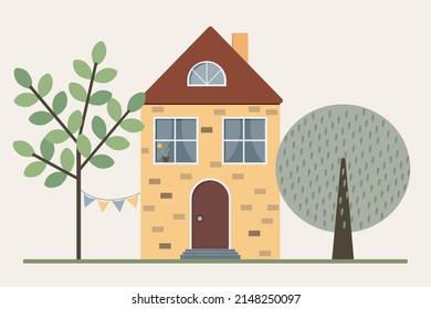 Colorful house with trees. Flat cartoon paintings with building and nature