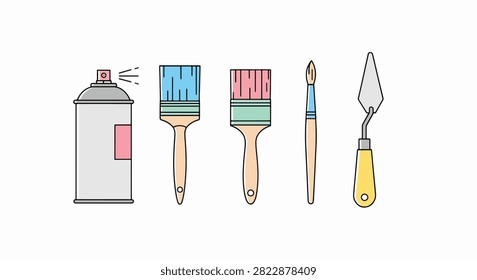 Colorful household cleaning tools including broom mop and brushes arranged neatly