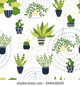 Colorful houseplant in pot seamless pattern. Vector endless background with cute plant and cactus in flowerpot. Hand drawn flower in pot backdrop.