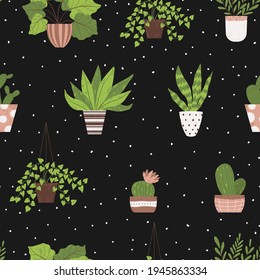 Colorful houseplant in pot seamless pattern. Vector endless background with cute plant and cactus in flowerpot. Hand drawn flower in pot backdrop.