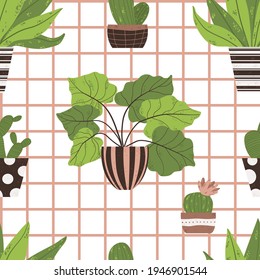 Colorful houseplant in pot seamless pattern. Vector endless background with cute plant and cactus in flowerpot. Hand drawn flower in pot backdrop.