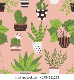 Colorful houseplant in pot seamless pattern. Vector endless background with cute plant and cactus in flowerpot. Hand drawn flower in pot backdrop.
