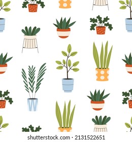 Colorful houseplants in pots seamless pattern. Flat vector illustration.