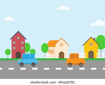colorful houses along the road with car.cute village landscape.vector illustration