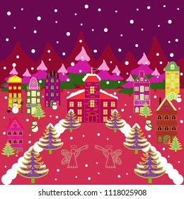 Colorful houses. Background with cute buildings on purple, pink, red and white colors. Vector illustration.