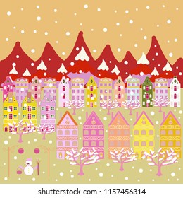 Colorful houses. Background with cute buildings on beige, red and neutral colors. Vector illustration.