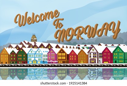 Colorful houses by the sea. City in Norway. Multilayer drawing with the title "Welcome to Norway"