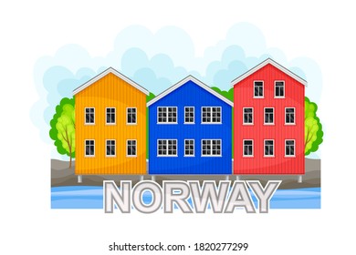 Colorful Houses as Distinctive Attribute of Norway Vector Illustration