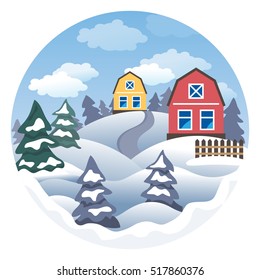 Colorful houses. Fir Trees. Winter landscape. Rural view. Woodland scenery. Snowy hills. Happy New Year greeting card. Cold weather. Snowdrifts. Mountain countryside.