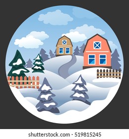 Colorful houses. Fir Trees. Winter landscape. Rural view. Woodland scenery. Snowy hills. Happy New Year greeting card. Cold weather. Snowdrifts. Mountain countryside.