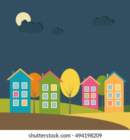 Colorful Houses At Night, Autumn Theme