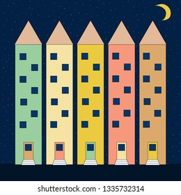 Colorful houses on the background of the night starry sky