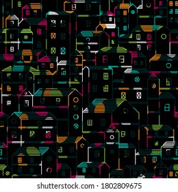 Colorful houses outline in in black background pattern. Vector seamless pattern design for textile, fashion, paper and wrapping. 