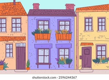 Colorful houses with plants urban neighborhood charming street scene vibrant facades potted greenery detailed architecture pastel tones website banner