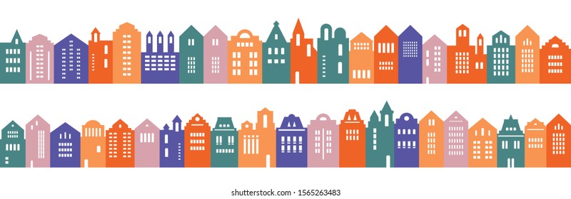 Colorful houses in a row. Vector illustration in flat style. Horizontal seamless border