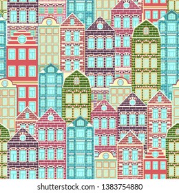 Colorful houses seamless pattern, city background, urban landscape. Multicolored bright European brick house, flat drawing, architecture ornament, vector illustration. For fabric design, wallpaper