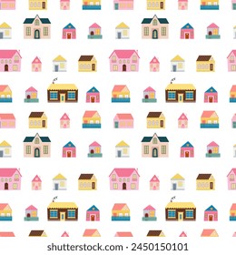 Casas de colores patrón sin fisuras en estilo plano sobre fondo blanco